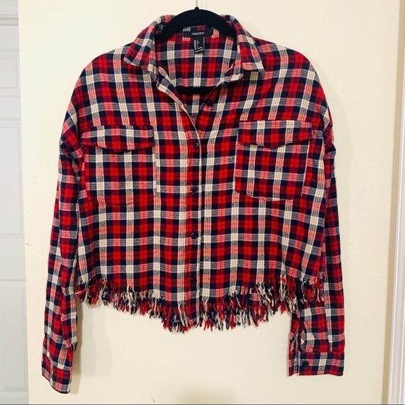 FOREVER 21 fringe flannel red plaid shirt women's size L - Picture 3 of 10